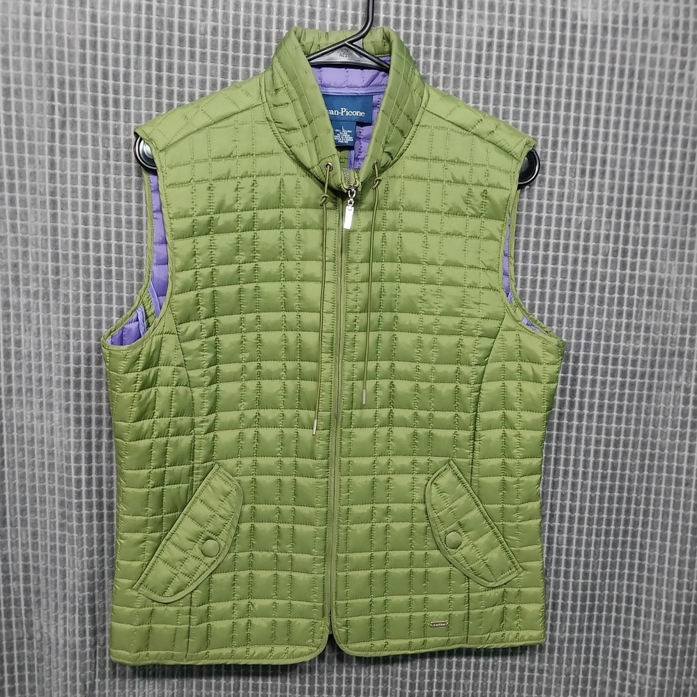 Evan-Picone Quilted Vest Women Large Green Purple Mock Neck Full Zip L Green